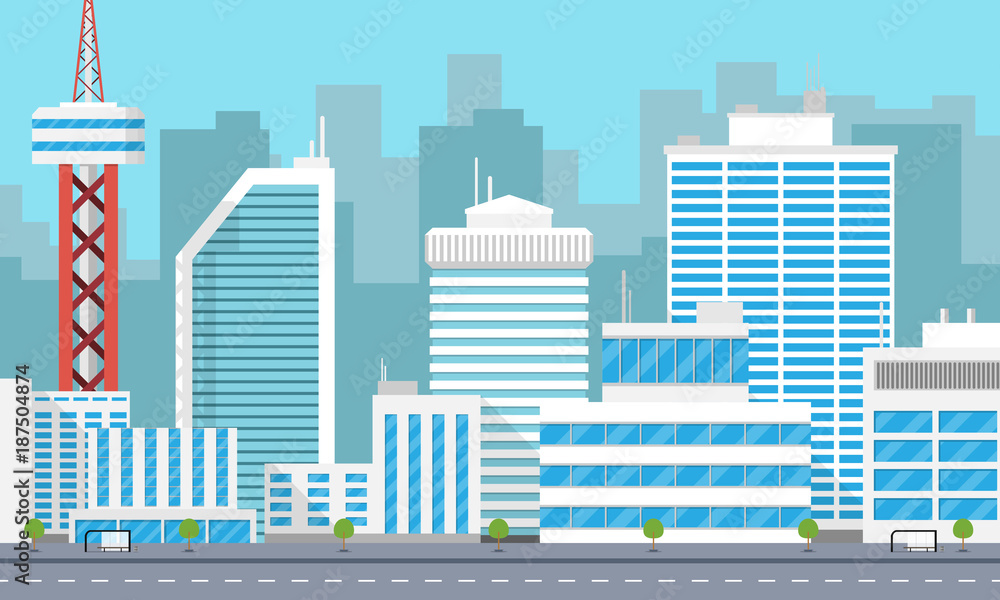 Panorama of a large modern city with skyscrapers. Vector illustration