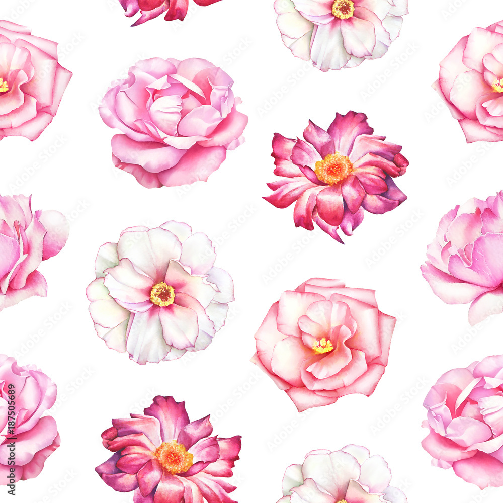 Watercolor seamless pattern with white, pink and red peony flowers on white background. Watercolor seamless pattern with white, pink and red peony flowers on white background.