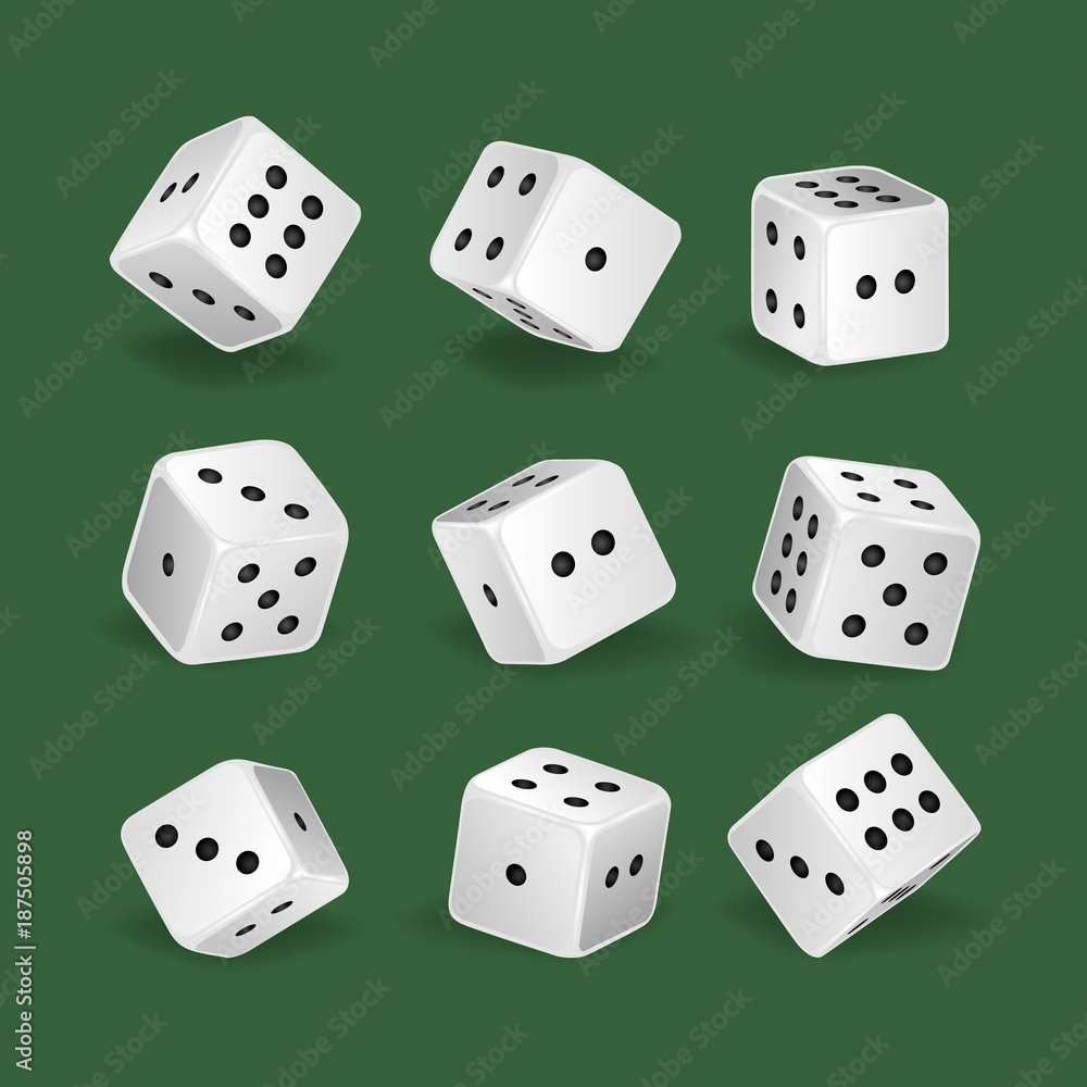 Set realistic white dice. Gambling, casino, dice. Hobbies, professional occupations. Set realistic white dice. Gambling, casino, dice. Hobbies, professional occupations.