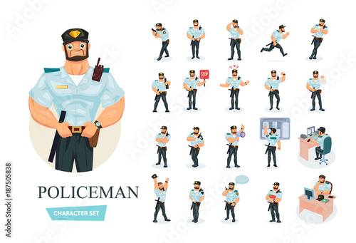 Set of policeman cartoon character working in law enforcement.