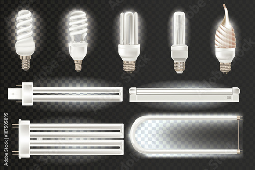 Set of various light realistic fluorescent lamps, different shapes, bandwidth.