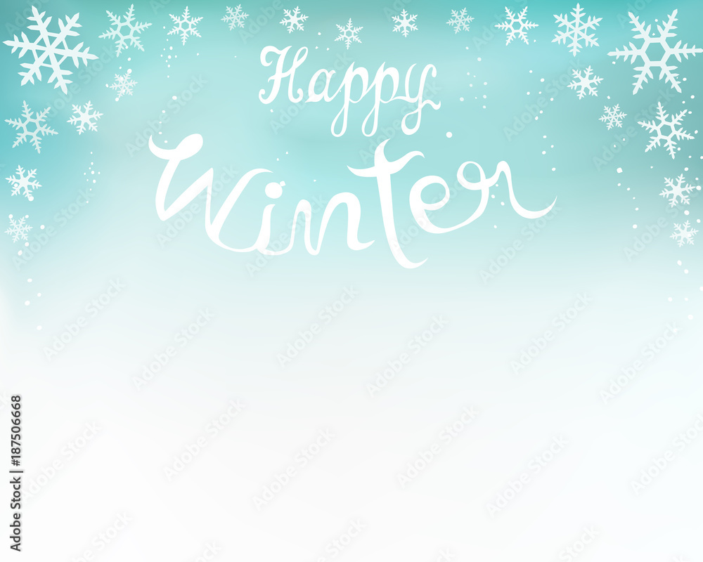 Winter scene with snowflakes on blue background. Happy winter text in hand drawn style. Abstract design for Christmas and new year greeting card.