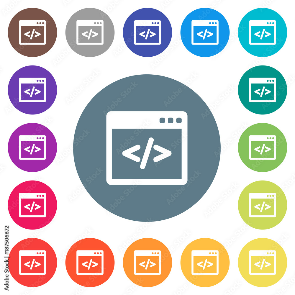 Programming code in software window flat white icons on round color backgrounds Programming code in software window flat white icons on round color backgrounds