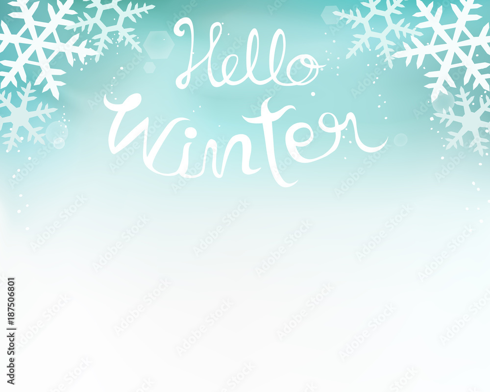 Winter with snowflakes on blue background. Hello winter text in hand drawn style. Abstract design for Christmas and new year greeting card.