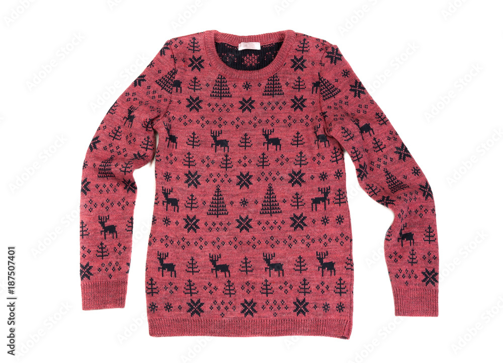 Fototapeta premium Red Children's knitted sweater with a deer pattern. Isolate on white