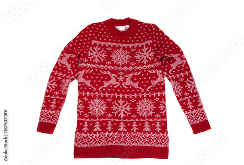 Red Children's knitted sweater with a pattern. Isolate on white © Ruslan Kudrin