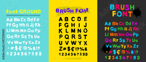 Set of grunge capital handwritten alphabet. Drawn by semi dry brush with unpainted areas. Vector illustration Isolated on light blue, yellow, grey background