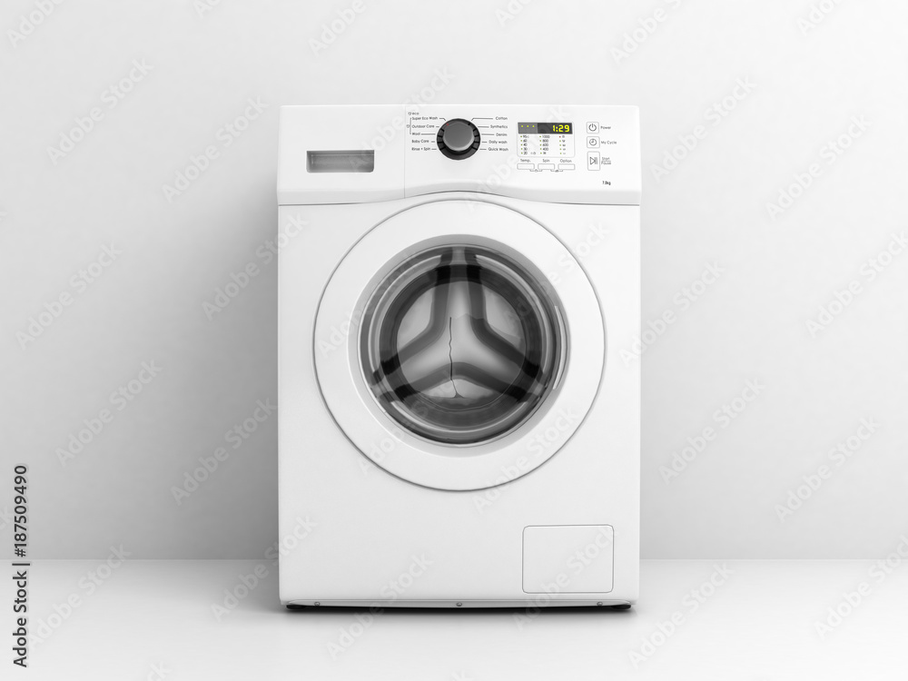 Washing machine front view on a white wall background 3d illustration