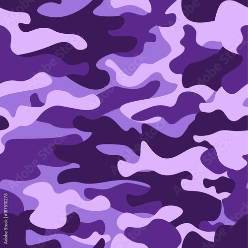 Military camouflage seamless pattern, purple monochrome. Classic clothing style masking camo repeat print. ruby colors texture. Design element. Vector illustration.
