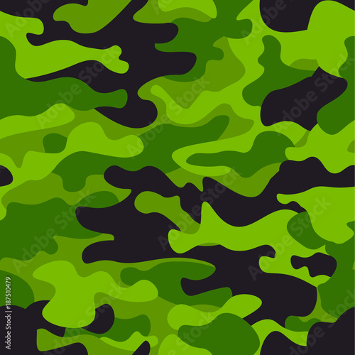 Green camouflage seamless pattern background. Classic clothing style masking camo repeat print. Green, lime, black olive colors forest texture. Design element. Vector illustration.