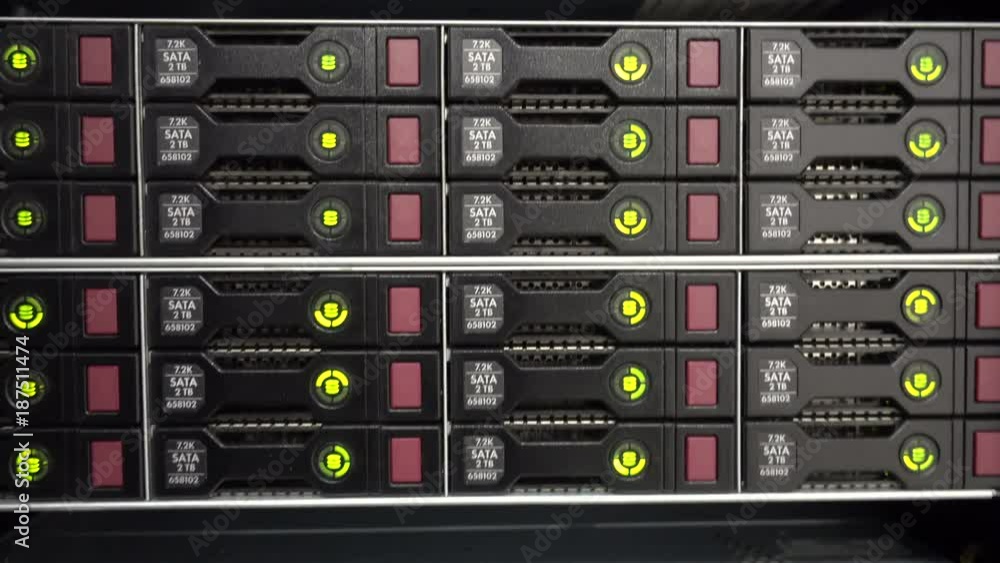 Rack Mounted Servers In A Server Room, Server rack audio cable. Severs computer in a rack at the large data center. HDD Rack Mounted Servers In A Server Room, Server rack audio cable. Severs computer in a rack at the large data center. HDD