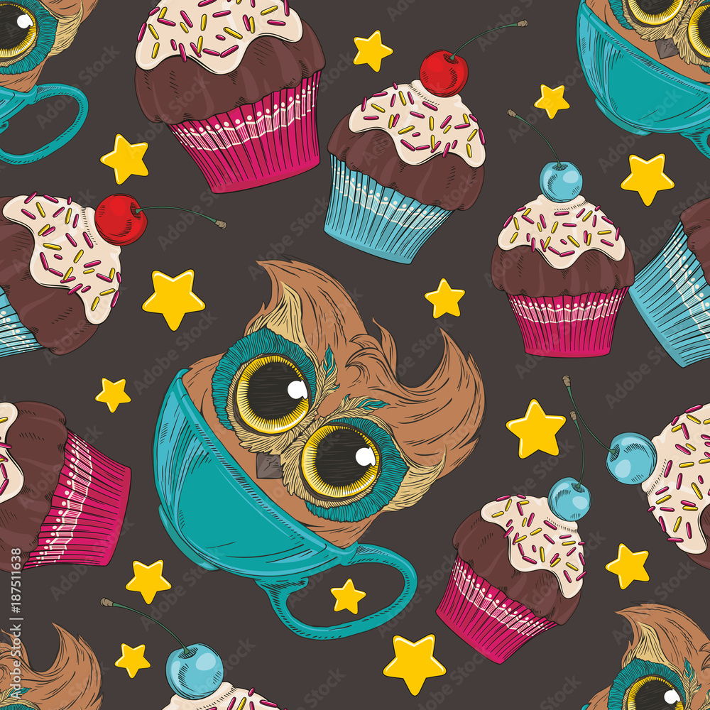 coffee owl and cupcake seamless pattern