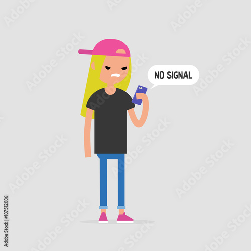 No signal, conceptual illustration. Angry female character holding a smartphone. No internet. Flat editable vector illustration, clip art
