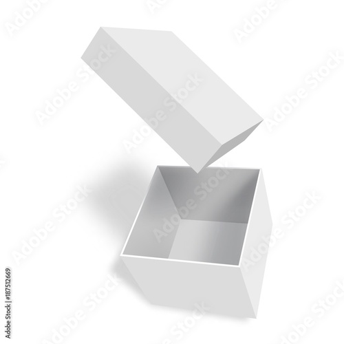 White empty box or container with an open lid isolated on a white background. Vector illustration
