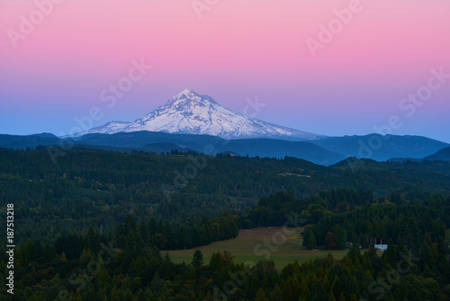 Mount Hood view from Jonsrud Viewpoint after sunset. US Pacific Northwest, Oregon.