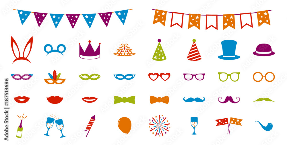 Icons for carnival, birthday, party or photobooth. Vector.