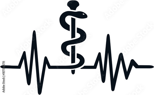 Pharmacist heartbeat line job title with staff of Aesculapius