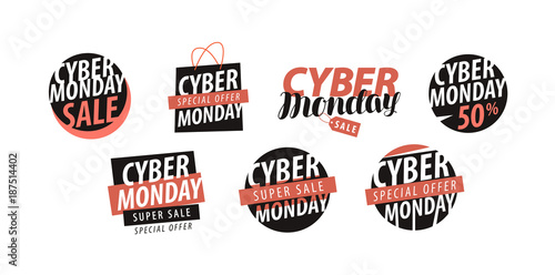Cyber Monday logo or label. Sale, closeout, shopping set of icons. Vector illustration
