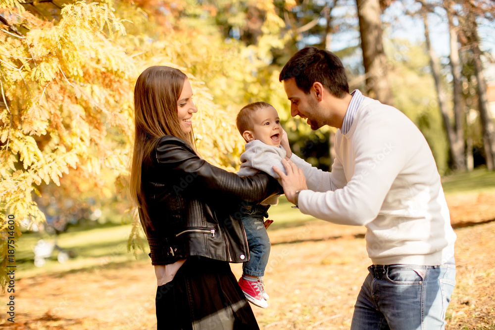 Fototapeta premium Happy family with baby boy in autumn park