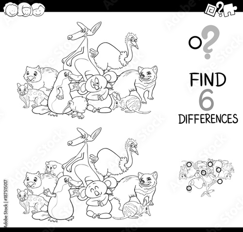 differences game with funny animals for coloring