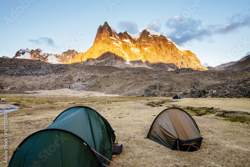 beautiful campsite on a meadow above 4500 meters in the peruvian andes / Huayhuash- Trek/ Ancash/ Peru/ South America