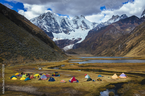Campsite for trekking tours at the Laguna Jahuacocha on the Huayhuash Trek/ Cordillera Blanca/ Huaraz/ Ancash/ Andes / Peru/ South America photo