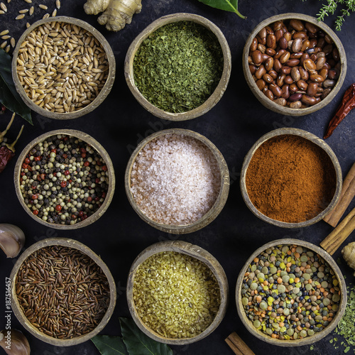 Set of spices on dark rustic background