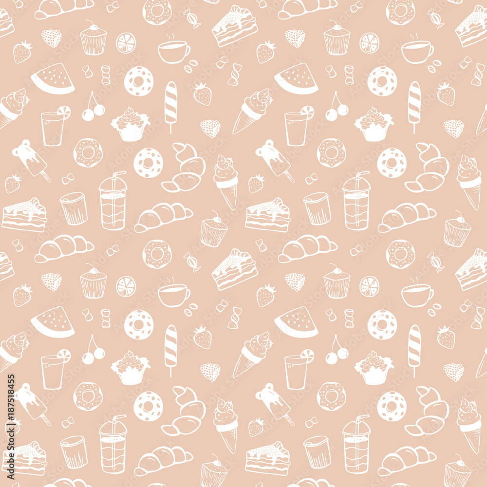 Seamless vector pattern of sweets, fruits, muffin, cocktail and donuts on kraft paper background. Vector illustration for paper package wrapper of food candy and sweets Seamless vector pattern of sweets, fruits, muffin, cocktail and donuts on kraft paper background. Vector illustration for paper package wrapper of food candy and sweets