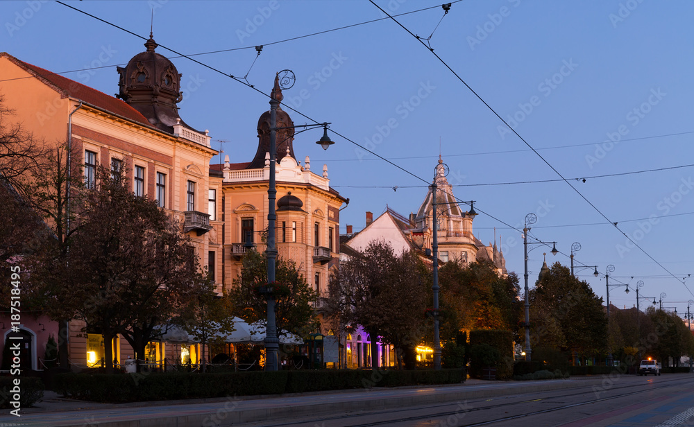 Twilight view of Debrecen streets