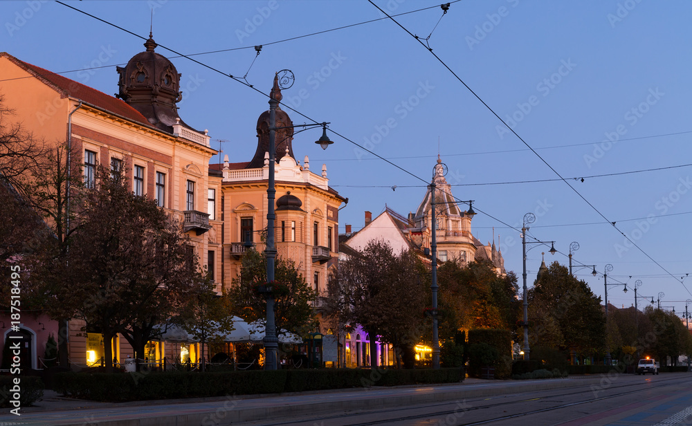 Fototapeta premium Twilight view of Debrecen streets