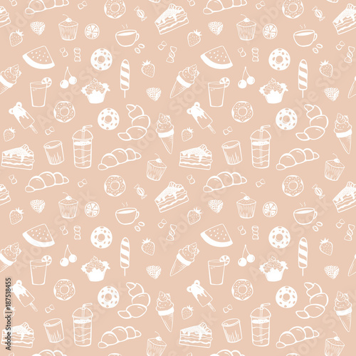 Seamless vector pattern of sweets  fruits  muffin  cocktail and donuts on kraft paper background. Vector illustration for paper package wrapper of food candy and sweets