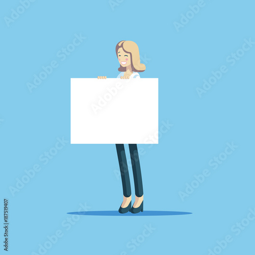 Smiling businesswoman holding a whiteboard vector flat illustration. Cute female character standing with a template in hand.