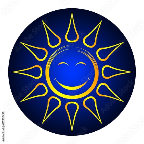 Sonne und Sonnenstrahlen als Vektor, Cartoon und smiley auf einem weißen isolierten Hintergrund