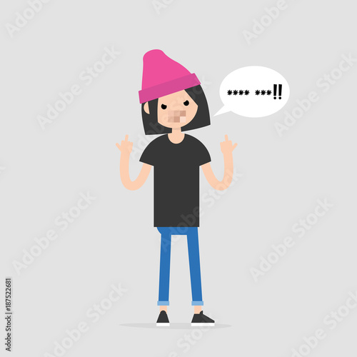 Young pissed off female character showing the middle fingers. Gestures. Emotions. Flat editable vector illustration, clip art