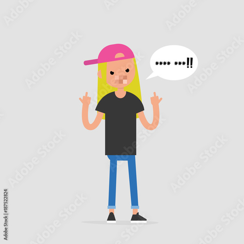 Young pissed off female character showing the middle fingers. Gestures. Emotions. Flat editable vector illustration, clip art
