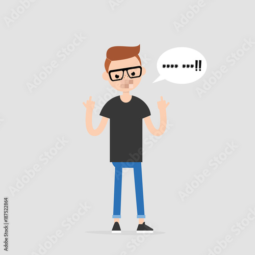 Young pissed off character showing the middle fingers. Gestures. Emotions. Flat editable vector illustration, clip art