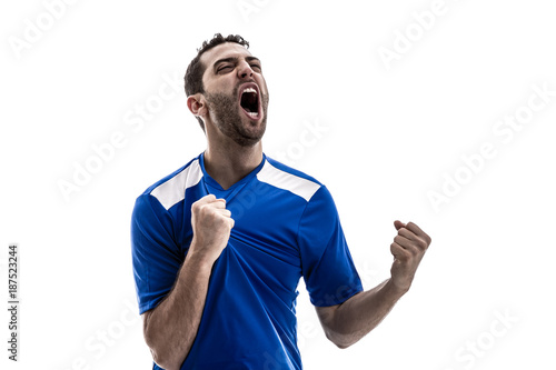 Soccer fan celebrating on white background photo