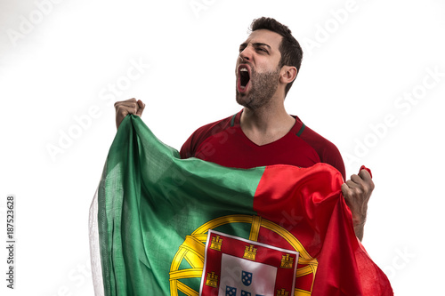 Portugal fan celebrating on white background