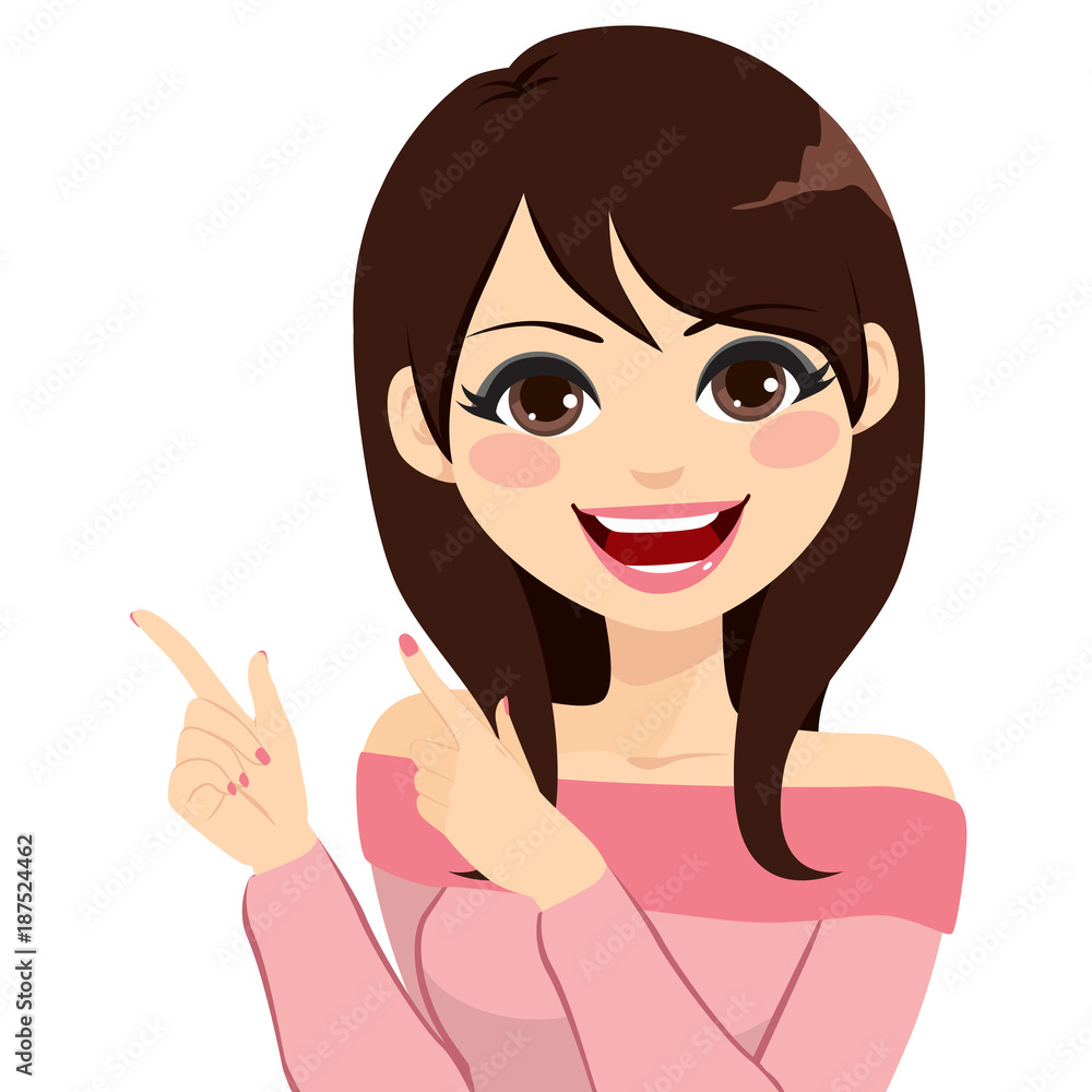 Beautiful young brunette woman gesturing with fingers and pointing copyspace Beautiful young brunette woman gesturing with fingers and pointing copyspace