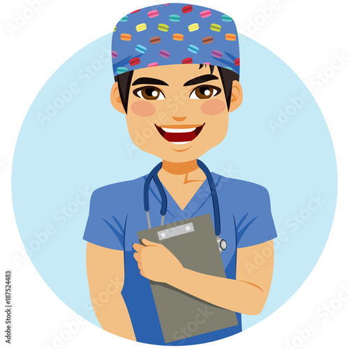 Happy young nurse man with stethoscope wearing blue uniform and pattern hat