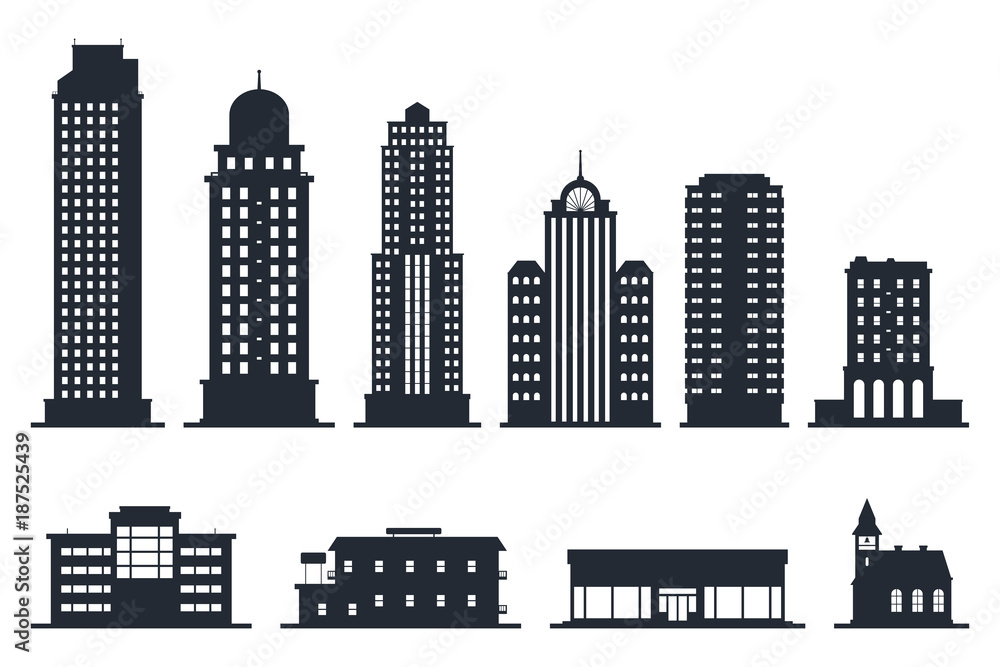 City buildings silhouette vector illustration isolated on white background.  Black silhouettes of skyscrapers and low-rise buildings. Architectural  constructions set. Eps 10. Stock Vector | Adobe Stock