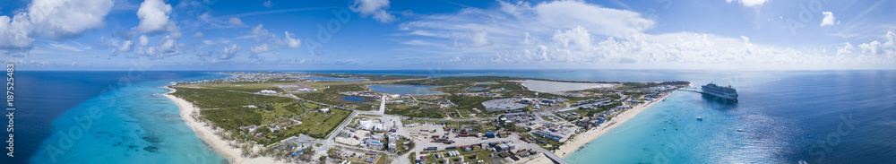 Aerial 180 degree panorama of industrial port in Grand Turk.