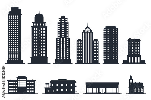 City buildings silhouette vector illustration isolated on white background. Black silhouettes of skyscrapers and low-rise buildings. Architectural constructions set. Eps 10.