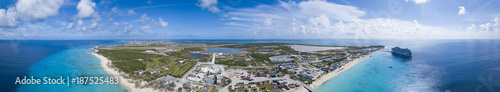 Aerial 180 degree panorama of industrial port in Grand Turk.