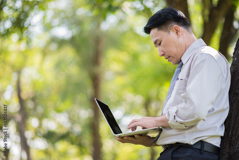 businessman lean on the tree using tablet in green park businessman lean on the tree using tablet in green park