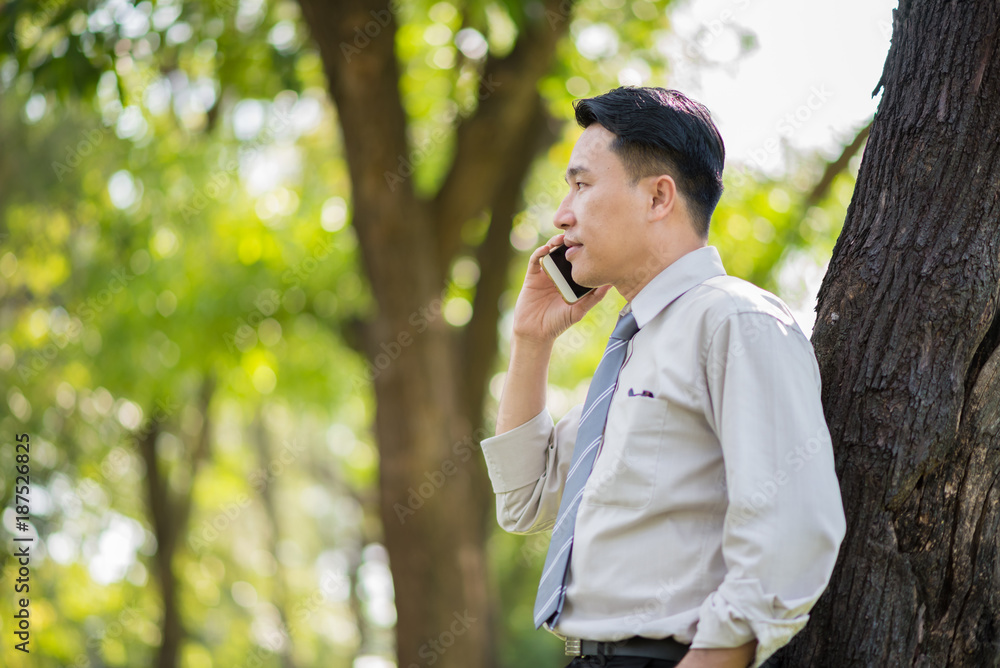 businessman lean on the tree and talking via smart phone in green park businessman lean on the tree and talking via smart phone in green park