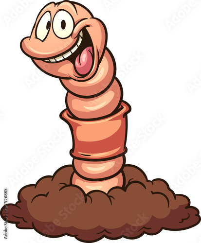 Cartoon earth worm coming out of the ground. Vector clip art