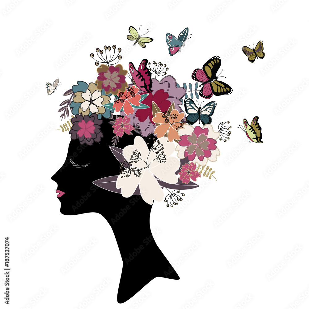 Woman's head black silhouette with butterflies and flowers in vintage