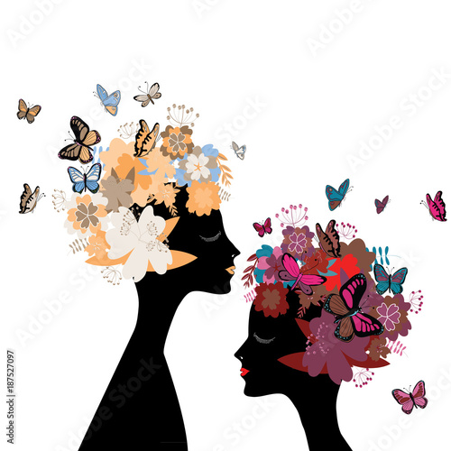 Two women's heads silhouettes facing each other with flowers and butterflies instead of hair. Vector illustration on white background