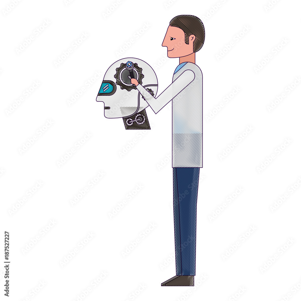 scientist repairing humanoid robot scientist repairing humanoid robot